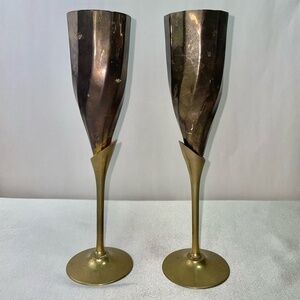 Vintage Mid-Century Brass Champagne Flutes Faceted Tulip MCM Set of 2 Chalices
